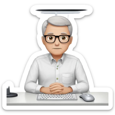 un uomo di circa 60 anni, capelli corti e brizzolati, occhiali con montatura nera, seduto ad una scrivania in un grande ufficio vuoto, tutto bianco, con il mobilio bianco, davanti a tre monitor ed un notebook, che lavora scrivendo software sticker