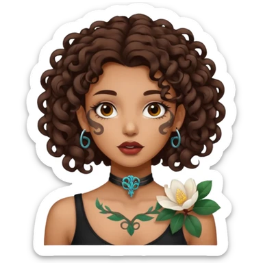Alternative girl with curly dark brown hair and a magnolia throat tattoo sticker