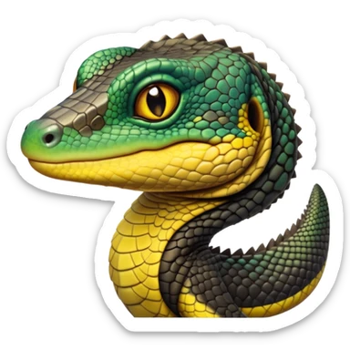 cinematic-realistic-cute-monitor-lizard-portrait-emoji,-head-tilted-playfully-and-inquisitively,-featuring-a-compact,-agile-body-with-finely-detailed,-glossy-scales-in-earthy-black and yellow-hues-and-a-distinct,-alert-face-with-bright,-curious-eyes, black , yellow spotted and green band  scales and a slender neck sticker