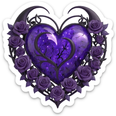 gothic heart made of purple glass with a crescent moon inside the heart, black roses entwined around, radiant stardust, double lightning bolts, light drizzle, mosaic cracked glass texture sticker