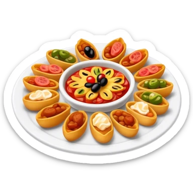 Cinematic Realistic Tapas Dish Emoji, depicted as an assortment of small, flavorful Spanish appetizers rendered with vibrant detail and warm, inviting lighting. sticker