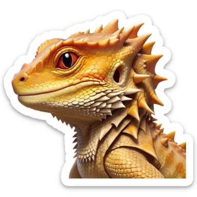 Cinematic Noble Bearded Dragon Portrait Emoji, Poised and regal, with a robust, angular build and a textured, scaled hide in earthy olive and sandy tones, a prominent spiky 'beard' beneath its chin and a keen, alert gaze, Simplified yet sharp and sophisticated features, highly detailed, glowing with a soft, dignified glow, high shine, intelligent and fierce, stylized with an air of desert majesty, focused and attentive, soft glowing outline, capturing the essence of a watchful and commanding reptile, so majestic it feels as though it could scuttle out of the screen with effortless authority! sticker