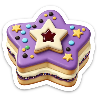 a pastel purple sandwich cookie with soft crumbly texture, a star-shaped jam cutout in the center showing glossy dark berry filling, and creamy filling with colorful sprinkles.  sticker