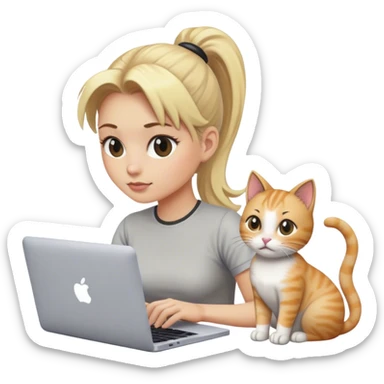 Blonde woman ponytail with MacBook and cat sticker