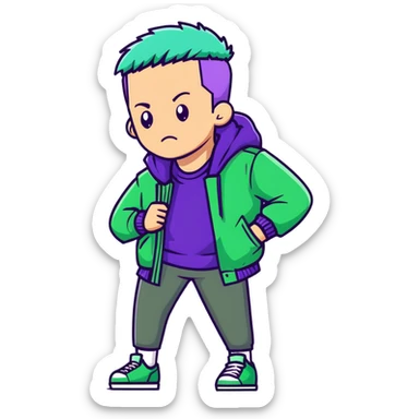 Man with stylish green jacket and purple hair, strong pose, bold expression, modern clothing style sticker