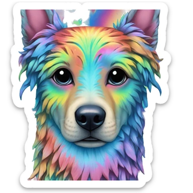 Multicolored rainbow retro groovy tie dye hippie trippy floral patterns on a metallic holographic iridescent blue dog face head unicorn sticker