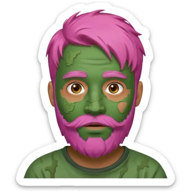 pink haired man with full full face dirty messy green clay mask and beard sticker