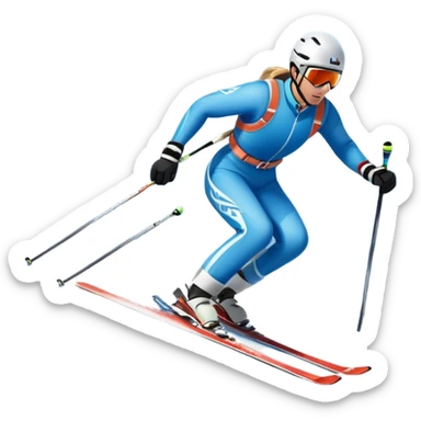 An icon featuring a skier racing down a snow-covered slope, surrounded by snowy peaks, pine trees, and a picturesque mountain landscape. The sky is blue with soft clouds, capturing the thrill and beauty of alpine skiing. Transparent background highlights the excitement and serenity of winter sports. sticker