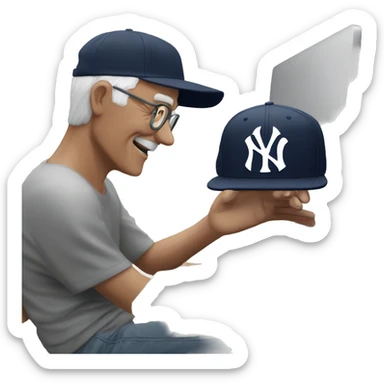 Young man with New York yankees SnapBack hat helping old man to use artificial intelligence on a MacBook  computer sticker