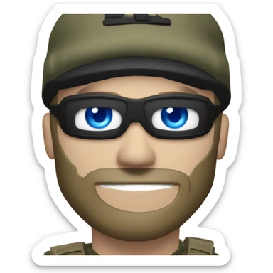 White male, call of duty black mask, camo tactical gear, tan combat boots, black beanie, blue eyes sticker