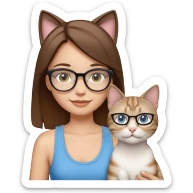 iOS-style emoji of a light-skinned girl with straight medium brown hair, black glasses and a white tank top, holding two cats: one white with yellow eyes and one gray tabby Siamese with blue eyes. sticker