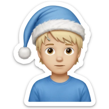 create boy blonde hair long messy, light eyes, white t shirt, rich, long hair, eyes blue, acessory head cristimas blue hat sticker