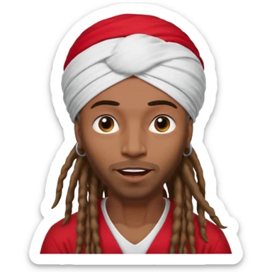 Brownskin man with long brown dreadlocks 
red t-shirt 
white turban 
expression is in love 
his eyes mouth open  sticker