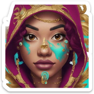 Vintage patina intricate swirls gold jewellery baroque raven wings angel tropical Deep pink maroon burgundy cyan dark hoodie man vitiligo dyed hair gold piercings nose piercing ear piercings sticker