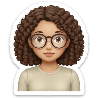 Memoji-style illustrated girl with dark brown curly hair, round glasses, large brown eyes, soft rounded face, warm beige skin tone, wearing neutral Pilates activewear, calm wellness aesthetic, pastel colors, sticker-style digital illustration, smooth shading, white outline. sticker