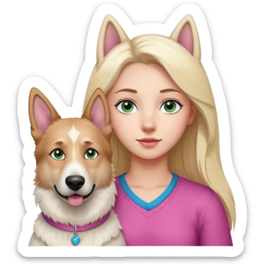White European young woman with blue-green eyes and long blond hair with her white German Shepherd dog,the Dog hast a pink nose and short fur  and Brown eyes sticker