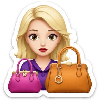 Glam girl with eyelasher looking left and right between two purses, playful puzzled expression — can’t decide between two options sticker