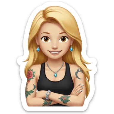 girl with long blonde hair and tattoos next to an athletic ginger girl jewelery sticker