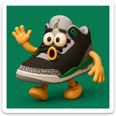 Create a 3D emoji style sneaker based on the provided reference image, adding arms, legs, and a surprised facial expression. The style should resemble Microsoft style 3D fluent emojis with a playful and friendly look. sticker
