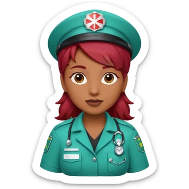 medium brown skin tone woman emoji with red burgundy hair in a paramedic costume sticker