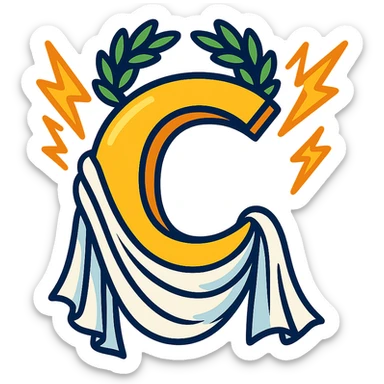 cartoonish letter C with features inspired by Greek gods of Olympus, such as a laurel wreath, lightning, and flowing robes, representing Chronos, only the letter C sticker