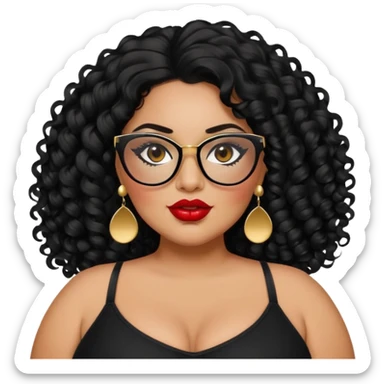 big plus size, latina, darker tan skin, long black curly hair, baddie,pretty, makeup, red lipgloss, black eyeliner, long hair, small gold earrings, black top, black glasses sticker