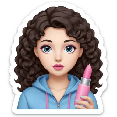 A girl with long dark brown hair styled in loose 36mm curls, round-almond Douyin-style eyes with long curled lashes, cool-tone neutral makeup. She’s wearing a light-blue athletic outfit and holding a normal-size pink lipstick (not oversized) in one hand. sticker