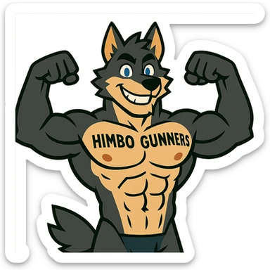 extremely muscular and handsome wolf furry, shirtless, with 'Himbo Gunners' tattooed across his chest, flexing pose, big friendly grin, attractive face and physique sticker