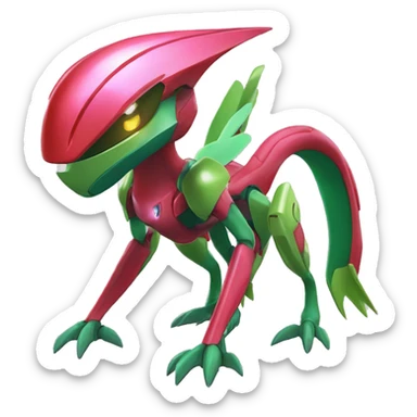 a shiny Genesect-Flygon-Raptor-Fakémon—hybrid with a futuristic visor-helmet full body sticker