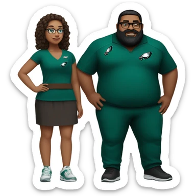 Fat Brown guy with beard mustache and brown girl with glasses and her hair in a bun in Philadelphia eagles clothes holding hands sticker