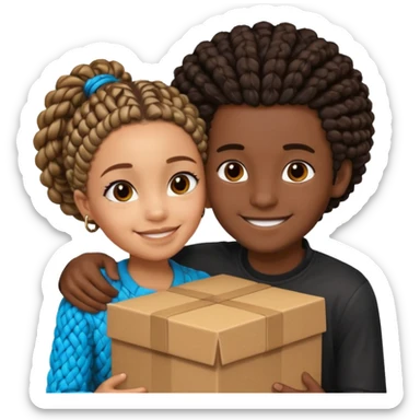 A lightskin with afro boy and dark skin girl with box braids hug sticker