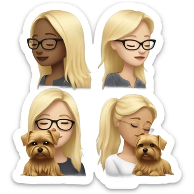 White girl blonde hair eyes closed wearing glasses hugs Yorkshire terrier  sticker