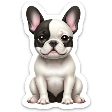cinematic-[french bulldog]-realistic-full-body-sitting-emoji,-tail-resting-loosely-beside-its-paws,-head-tilted-dramatically,-sleek-[black ant white pied]-fur,-simplified-yet-realistic-focused-features,-highly-detailed,-glowing-with-an-almost-sarcastic-glow sticker