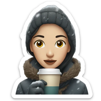 woman in a snowstorm holding a coffee cup sticker