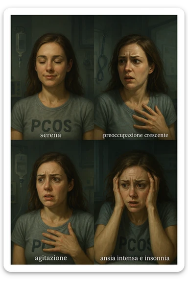 vertical realistic cinematic illustration in Italian showing the progression of anxiety in a woman with PCOS. From left to right: serene expression, growing worry, agitation, to intense anxiety and insomnia. Clinical atmosphere, dramatic lighting, Italian captions, aspect ratio 2:3. sticker