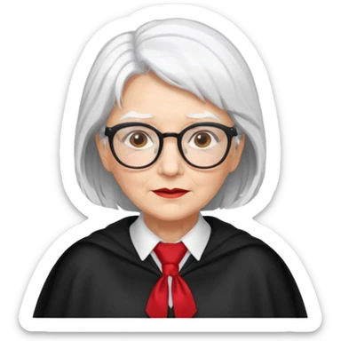 An older woman with glasses and white hair, in a red tie and black cape sticker