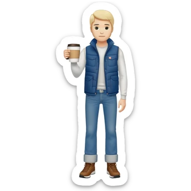 full body man with plain puffy vest with no pockets over long sleeved shirt wearing straight levi boot cut levi blue jeans and tennis shoes holding coffee mug in his hand sticker