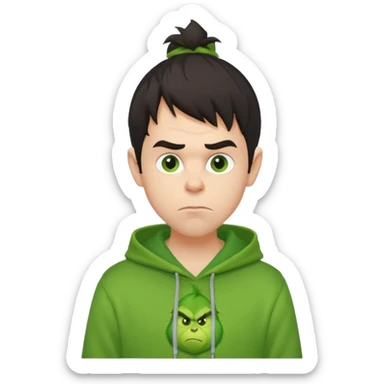 Create an avatar of white European with dark hair  male in hoodie with ``BST`` letters on it. Make background to look like from movie Grinch. make him look to left side sticker