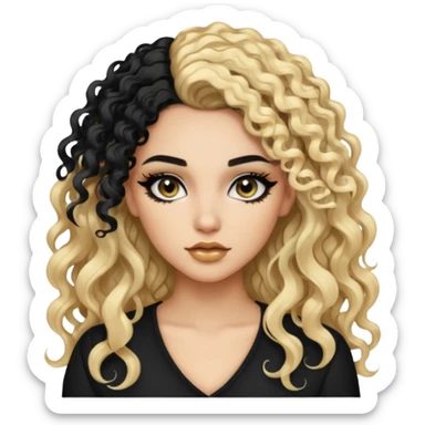 split dye leftside blonde rightside black long and curly hair, baddie, pretty makeup, black eyeliner, long and curly hair sticker