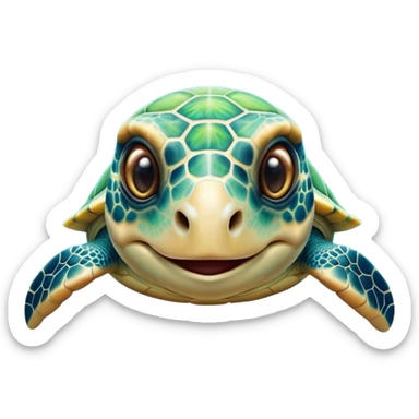 Cinematic Cute Sea Turtle Portrait Emoji, Head tilted playfully and inquisitively, featuring a charming, compact form with a beautifully patterned, domed shell and gentle, sparkling eyes full of oceanic wonder, Simplified yet irresistibly adorable features, highly detailed, glowing with a warm, friendly sea glow, high shine, affectionate and lively, stylized with a touch of whimsical marine charm, soft glowing outline, capturing the essence of a mischievous yet loving sea turtle that seems as if it could swim out of the screen into your arms! sticker