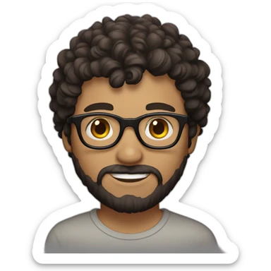 A guy with black round glasses, brown eyes, a small dark brown beard, curly dark brown hair, white skin sticker