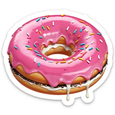 White icing running through a pink donuts hole spilling out onto a black couch to make a sticky mess sticker