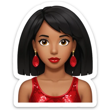 Kelly Rowland with black hair, red sequin crop top, red earring sticker