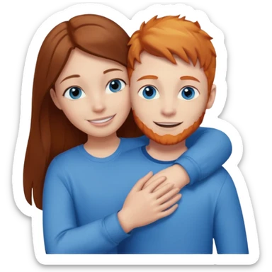 Girl with straight brown hair being hugged by ginger boy. Both have blue eyes.  sticker