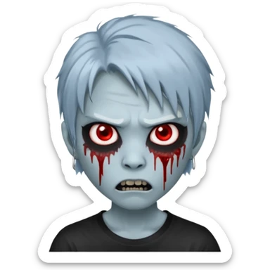  3D emoji-style avatar with very pale blue-grey zombie skin , a young Asian face, and large eyes with blood tears. Give it white litle bit messy mullet hair style , silver hoop earrings, and a plain black T-shirt. The face expression should be slightly angry, with vampire fang sticker