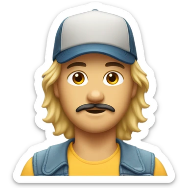 boy with mustache, chin hair, mullet, and trucker hat sticker
