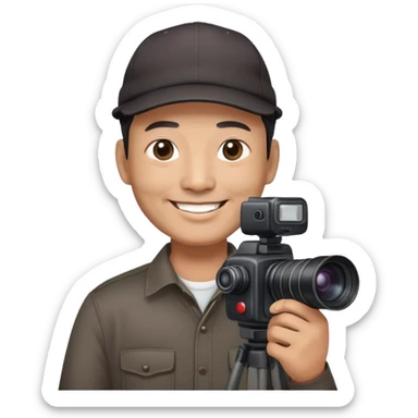 Chinese smiling 50years old male film producer with black eyes  in dark shirt with dark cap and professional camera sticker