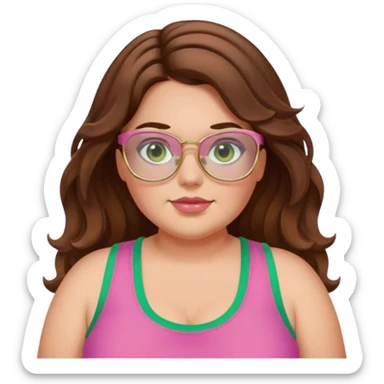 Baddie bratz girl with middle parted long wavy brown hair. green eyes. Plus size. pink tank top. Gold rimmed glasses sticker