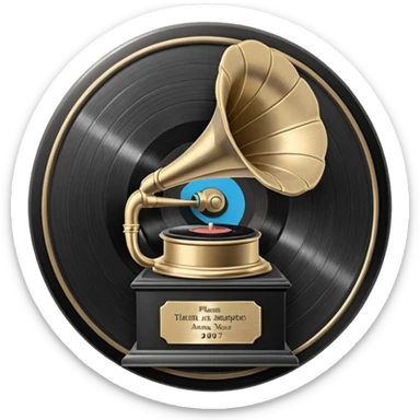 A dark metal platinum music award plaque The center features a relief of a vintage gramophone or stylized vinyl record in a slightly darker metallic tone sticker