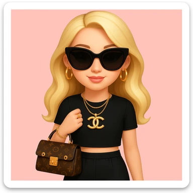 Add stylish black sunglasses and gold jewelry including earrings and a necklace to the girl. Keep the pink background and outfit unchanged. Maintain the original style and details of the girl while adding these accessories. sticker